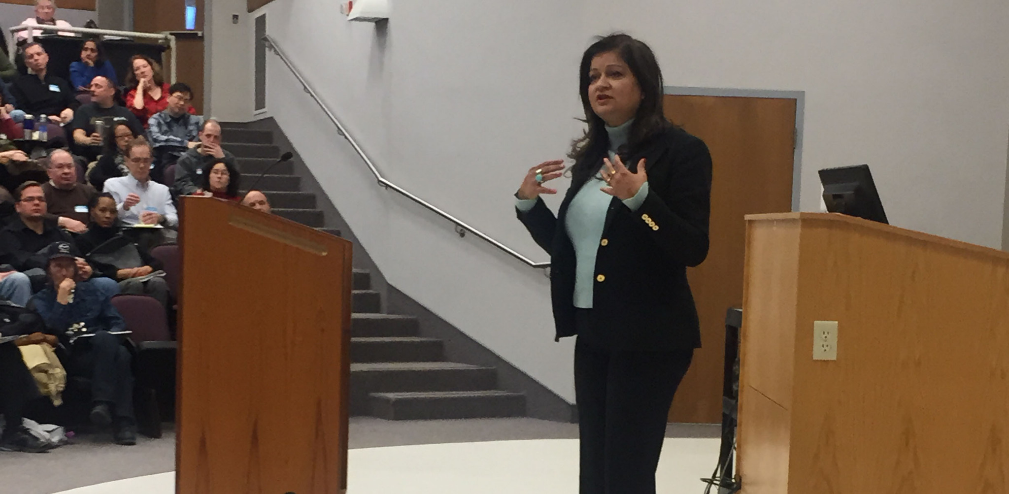 Hena presenting during a live speaking event