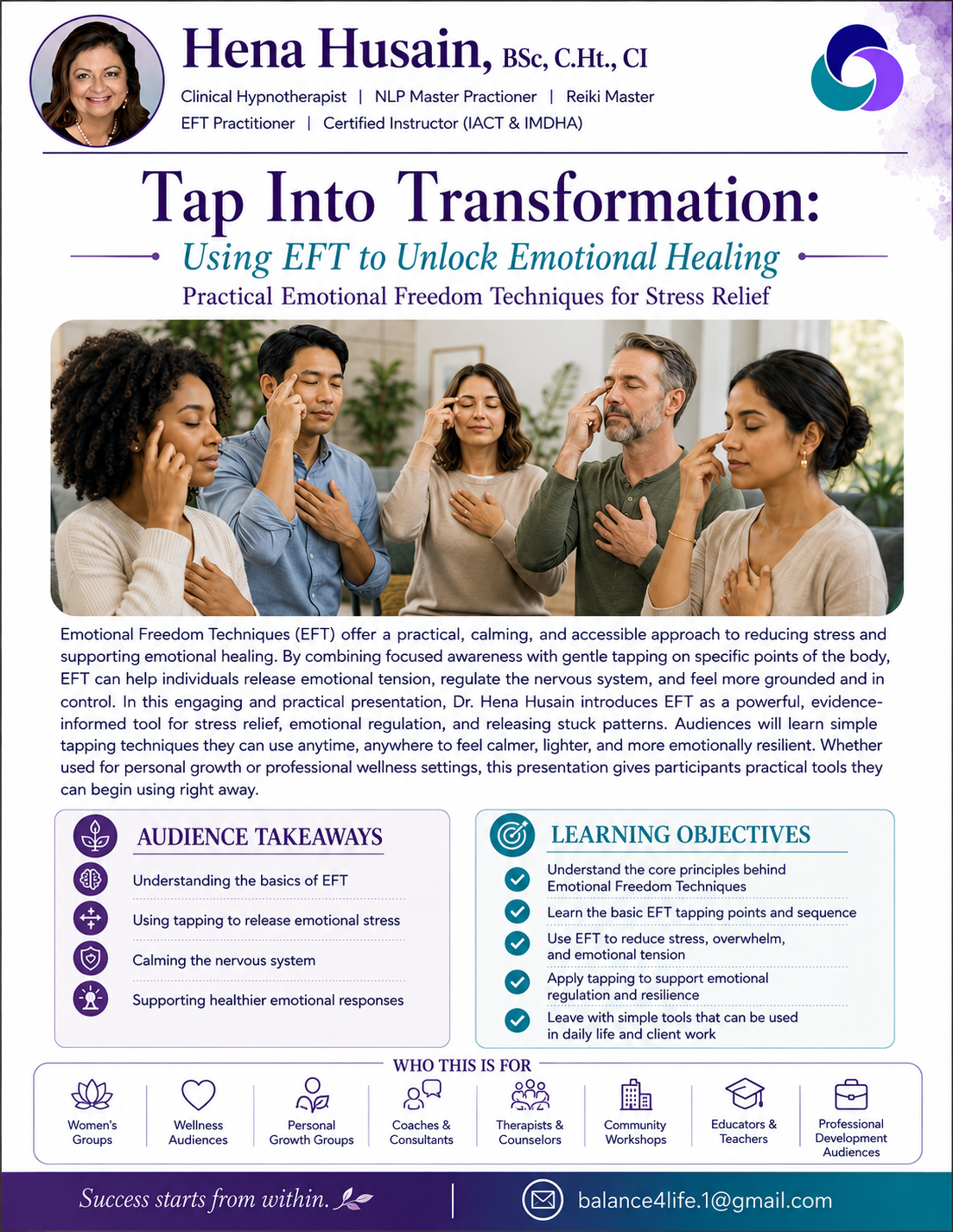 One-pager for Tap Into Transformation: Using EFT to Unlock Emotional Healing